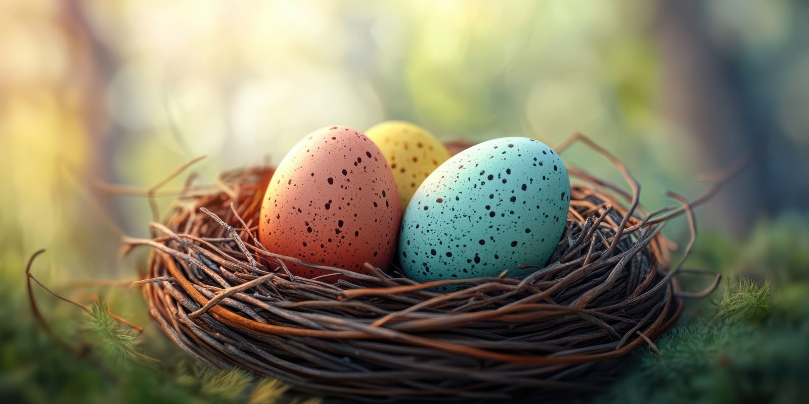 Colorful speckled eggs resting in a nest surrounded by nature during the spring season